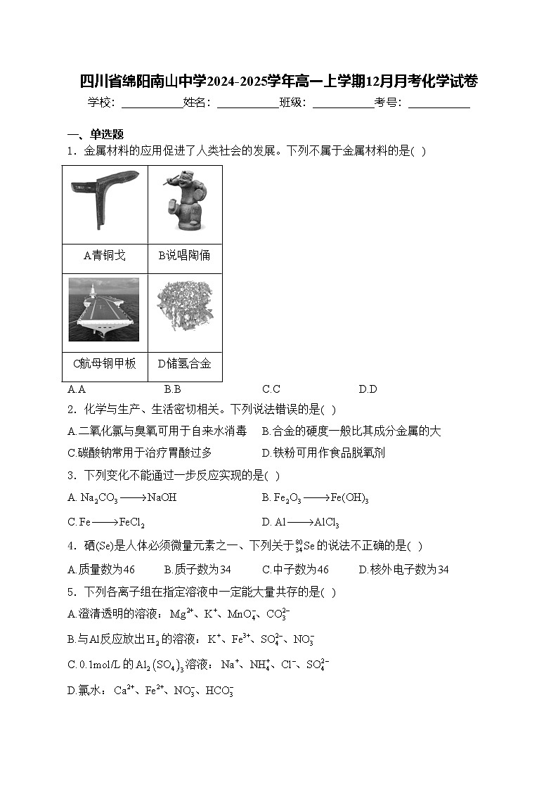 四川省绵阳南山中学2024-2025学年高一上学期12月月考化学试卷(含答案)第1页
