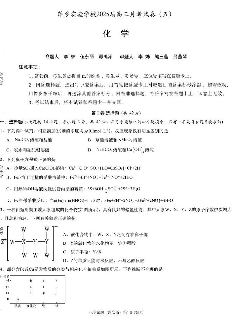 江西省萍乡市萍乡中学2025届高三上学期月考卷（五）化学第1页