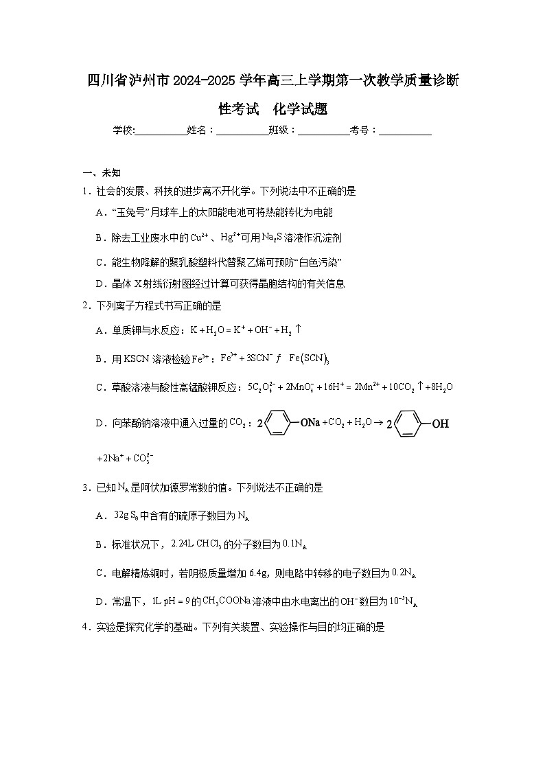 四川省泸州市2024-2025学年高三上学期第一次教学质量诊断性考试化学试题第1页