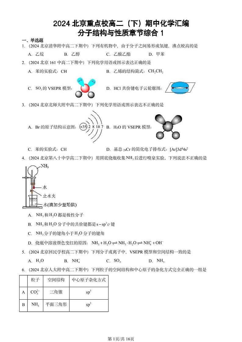 2024北京重点校高二（下）期中真题化学汇编：分子结构与性质章节综合1第1页