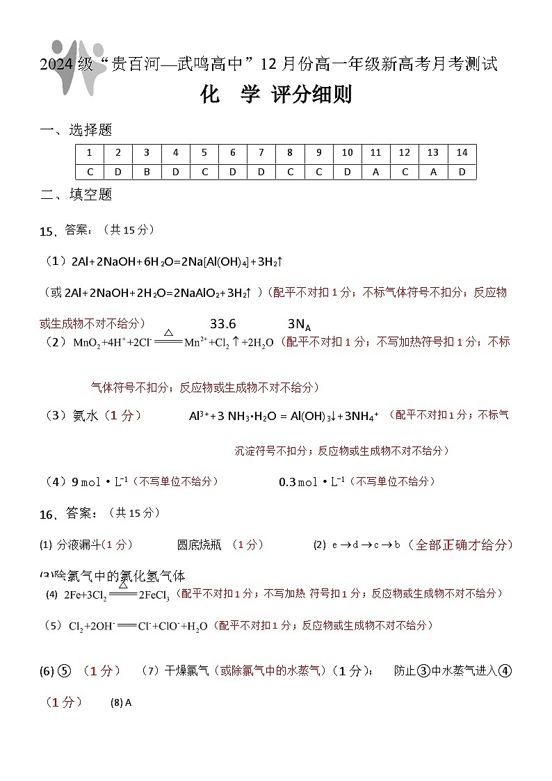 （化学）2024级“贵百河—武鸣高中”12月高一月考参考答案及详解+评分细则第2页