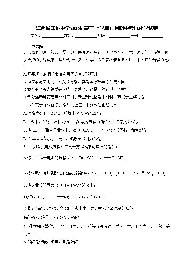 江西省丰城中学2025届高三上学期11月期中考试化学试卷(含答案)第1页