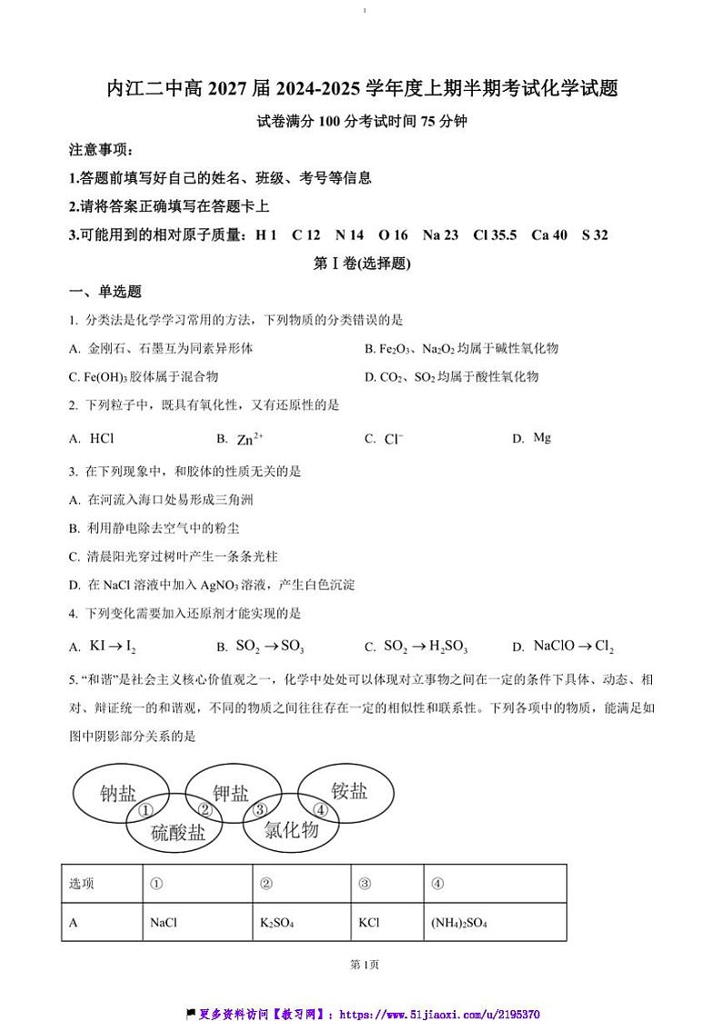 2024～2025学年四川省内江市第二中学高一(上)期中化学试卷(含答案)第1页