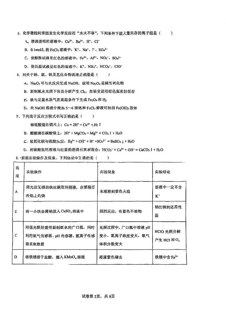广东省深圳市观澜中学2024-2025学年高一上学期12月月考 化学试卷第2页