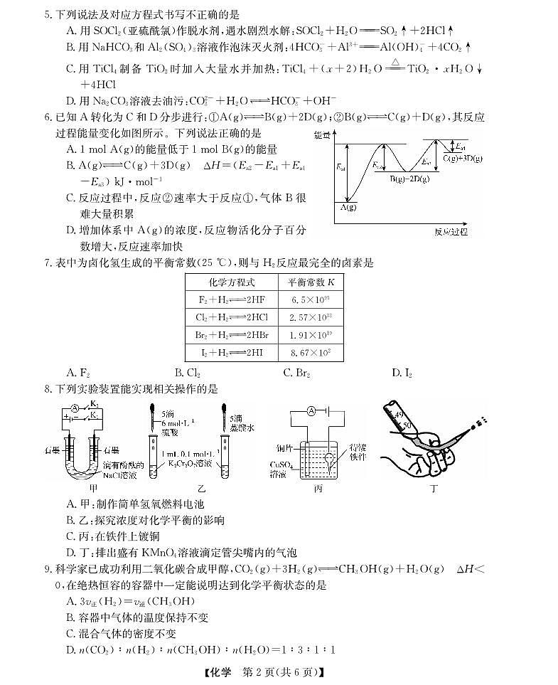 浙江2024年高二上学期12月联考化学试题（含答案）第2页