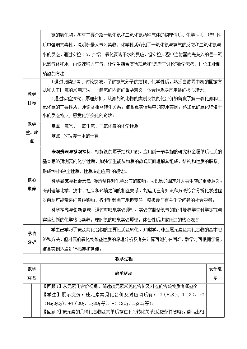人教版（2019）高中化学必修二5.2.1 氮及其化合物—氮气与氮的固定+一氧化氮和二氧化氮 教案第2页
