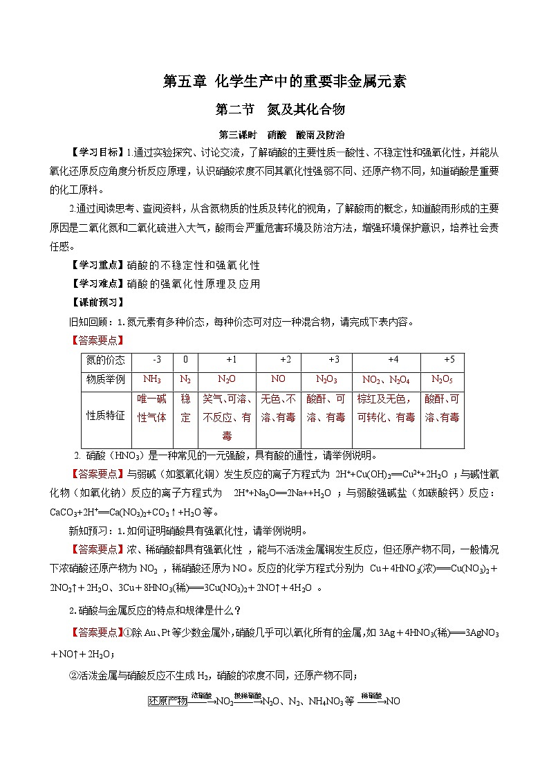人教版（2019）高中化学必修二5.2.3 氮及其化合物—硝酸＋酸雨及防治 导学案（解析卷）第1页
