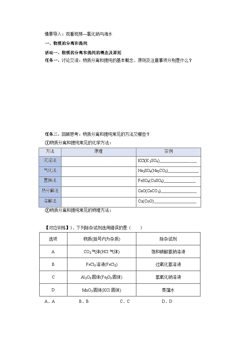 人教版（2019）高中化学必修二实验活动4  用化学沉淀法去除粗盐中的杂质离子 导学案 （原卷）第2页