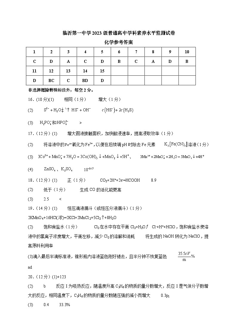 临沂一中高二年级第二次阶段性检测 化学学科 答案第1页