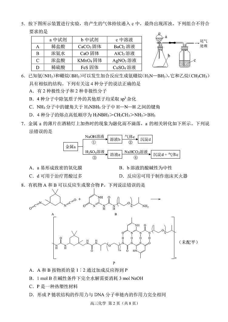 2025重庆市西南大学附中高三上学期12月一诊模拟考试化学PDF版含解析第2页
