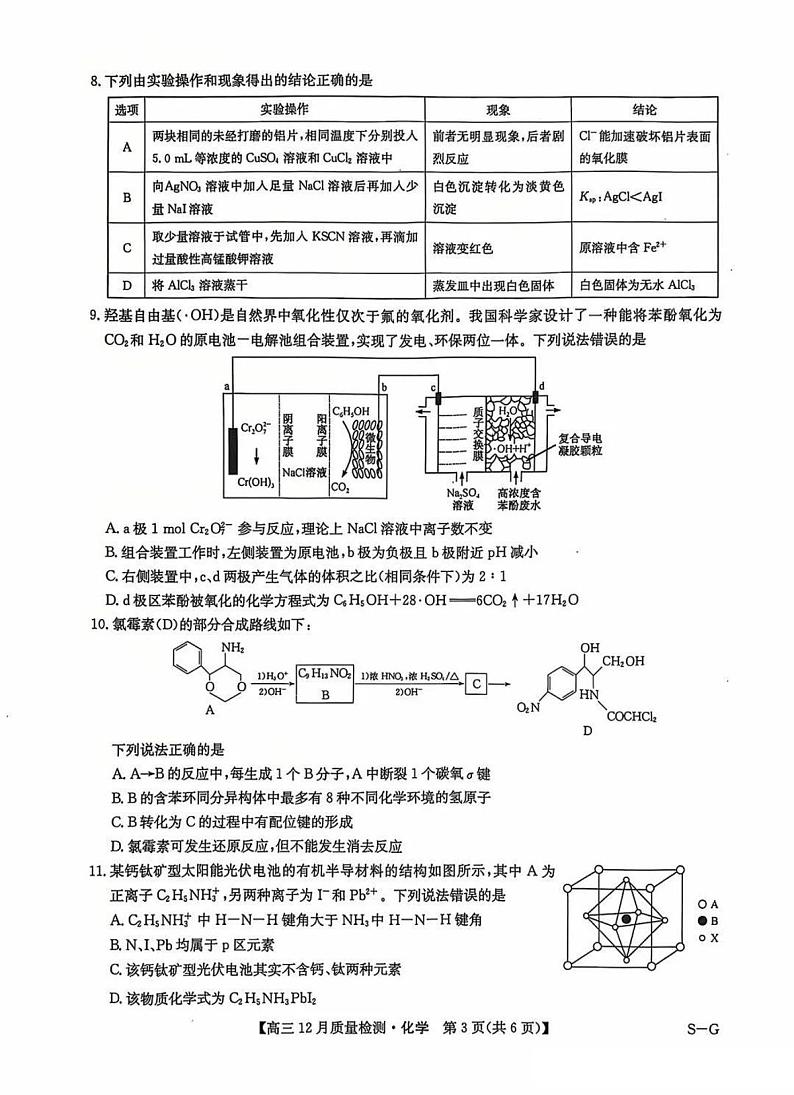 九师联盟河南2025届高三上学期12月质量检测化学试卷及答案第3页