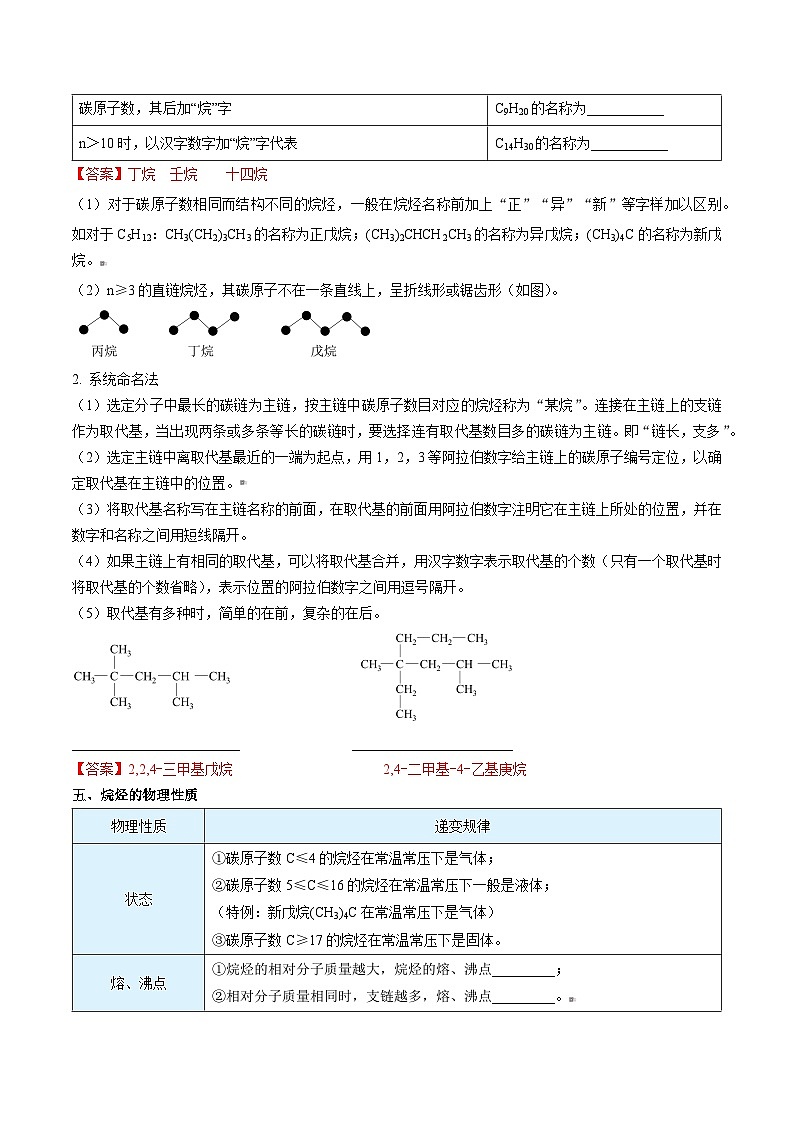 人教版（2019）高中化学（选择性必修3）【预习新知】 第02讲  烷烃（教师版）第3页