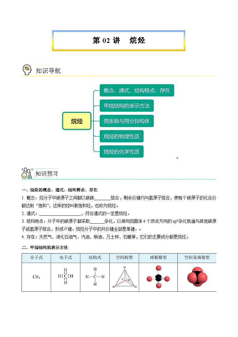 人教版（2019）高中化学（选择性必修3）【预习新知】 第02讲  烷烃（学生版）第1页