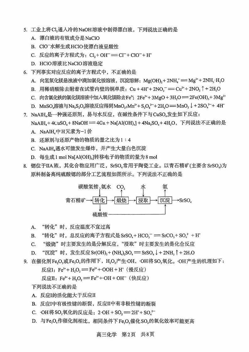 2025攀枝花高三上学期第一次统一考试（一诊）化学试卷扫描版无答案第2页
