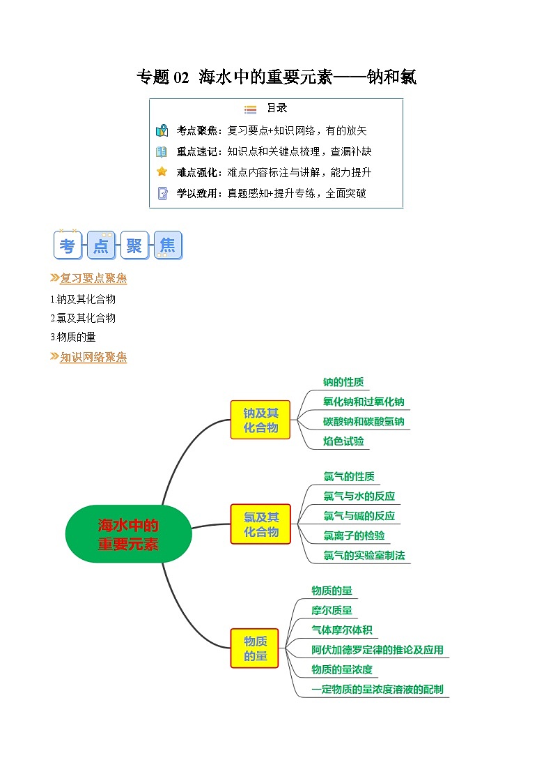 【寒假专题训练】人教版 高中化学 必修1 高一寒假 专题训练 专题02 海水中的重要元素——钠和氯（解析版）第1页