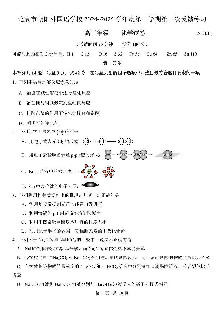 2024北京朝阳外国语学校高三（上）12月月考化学试卷第1页