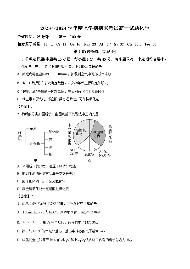 辽宁省部分高中2023-2024学年高一上学期期末联考化学试卷第1页