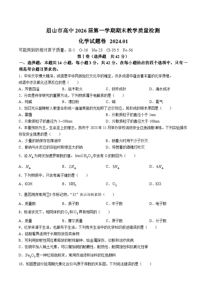 四川省眉山市高中2023-2024学年高一上学期期末教学质量检测化学试卷第1页