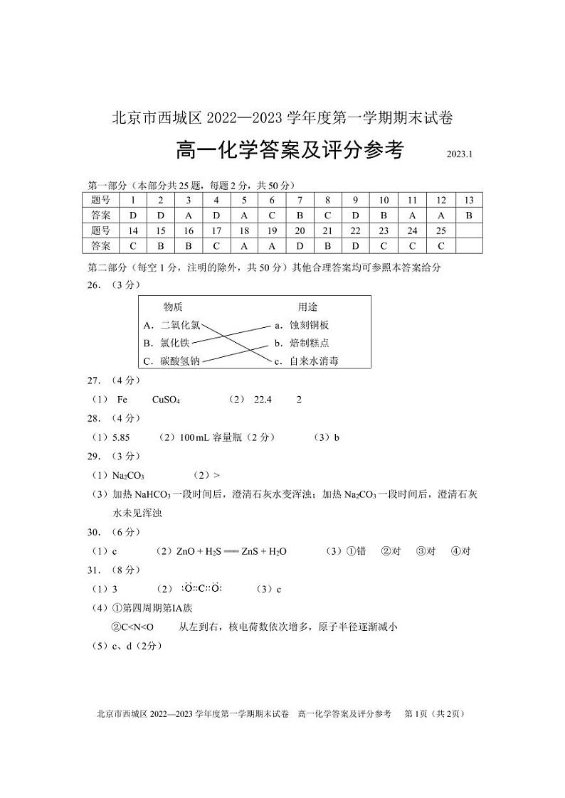 北京市西城区 2022—2023学年度第一学期期末试卷高一化学答案第1页