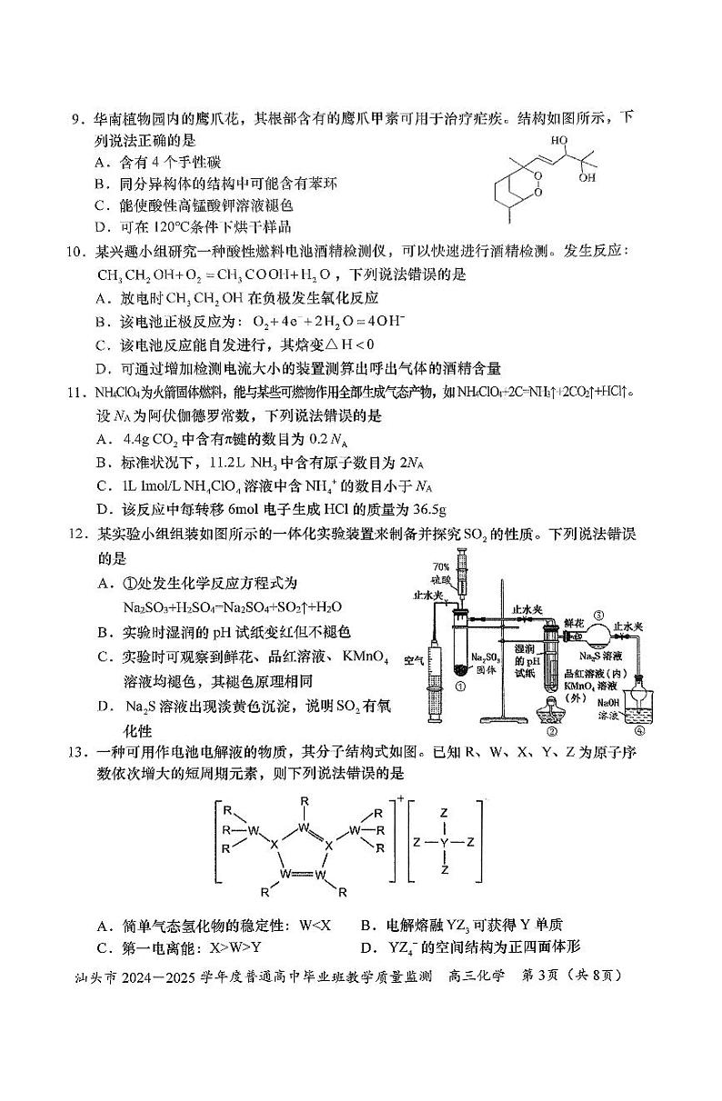 广东省汕头市2024-2025学年高三上学期期末教学质量监测+化学试题第3页