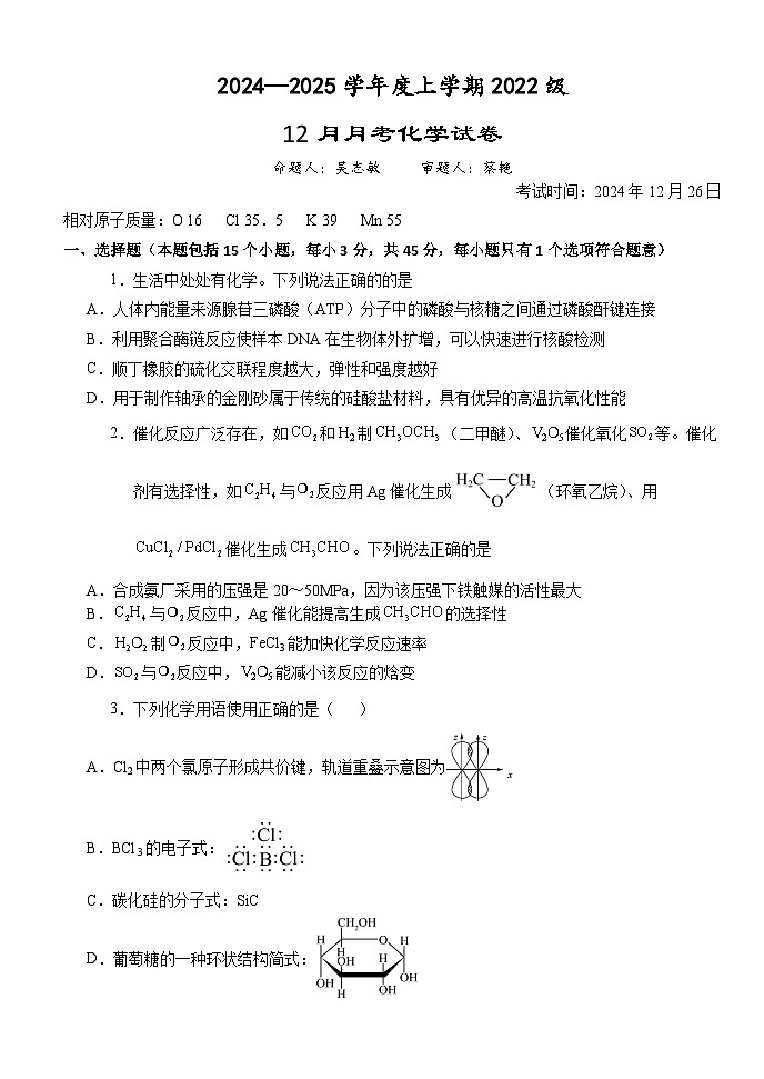 湖北省荆州市沙市中学2024-2025学年高三上学期12月月考化学第1页