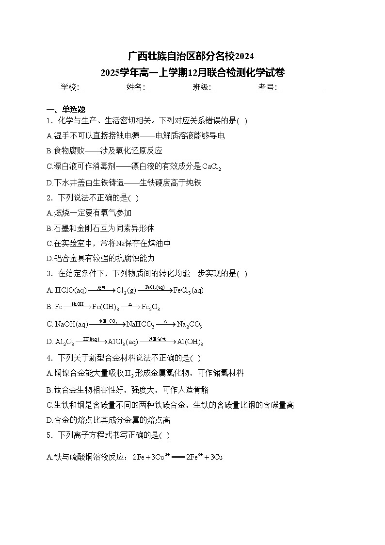 广西壮族自治区部分名校2024-2025学年高一上学期12月联合检测化学试卷(含答案)第1页