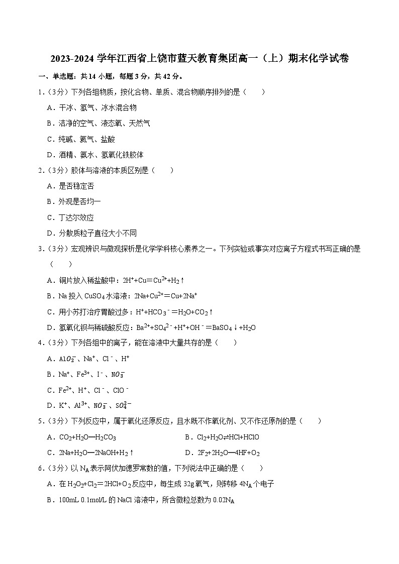 2023-2024学年江西省上饶市蓝天教育集团高一（上）期末化学试卷第1页