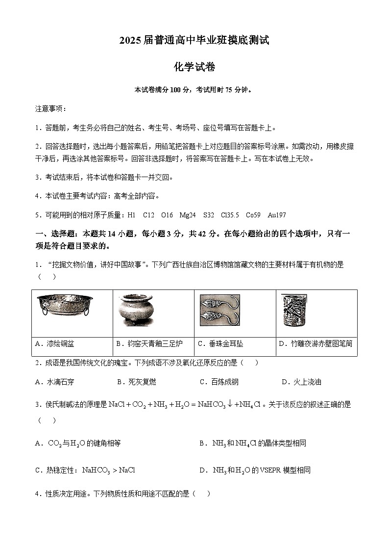 广西七市联考2025届高三上学期毕业班摸底测试化学试卷（含解析）第1页