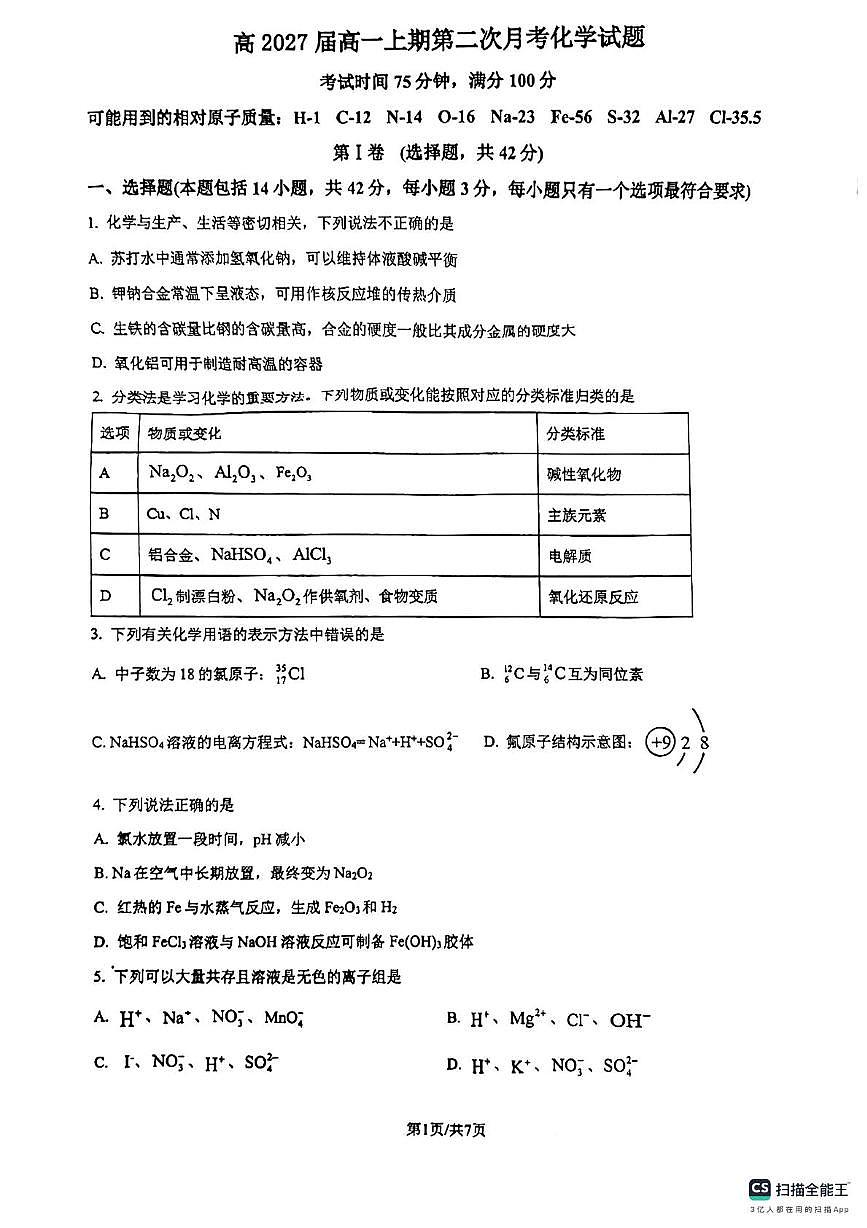 重庆市杨家坪中学2024-2025学年高一上期第二次月考化学试卷第1页