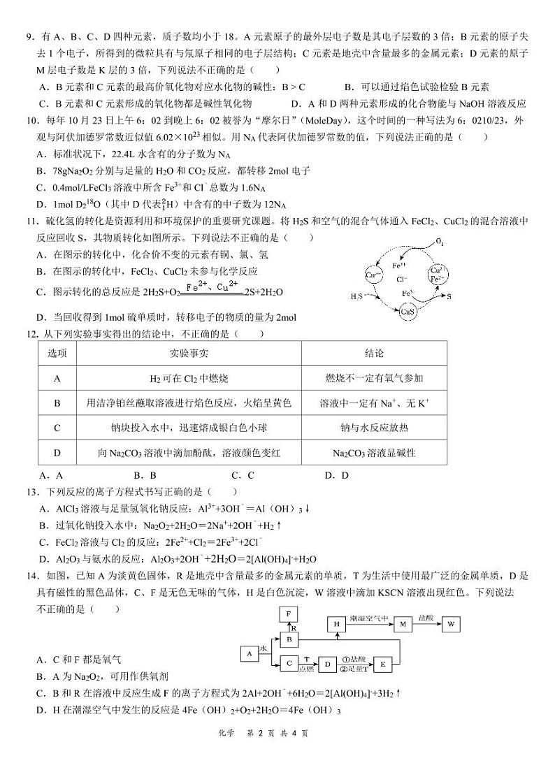 云南省文山市第一中学2024-2025学年高一上学期12月月考+化学试题第2页