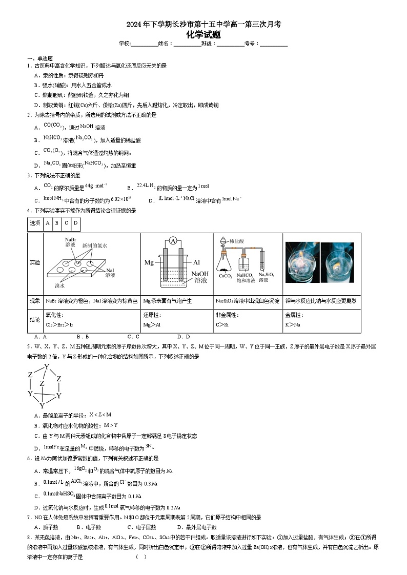 湖南省长沙市雷锋学校2024-2025学年高一上学期12月月考化学试题第1页