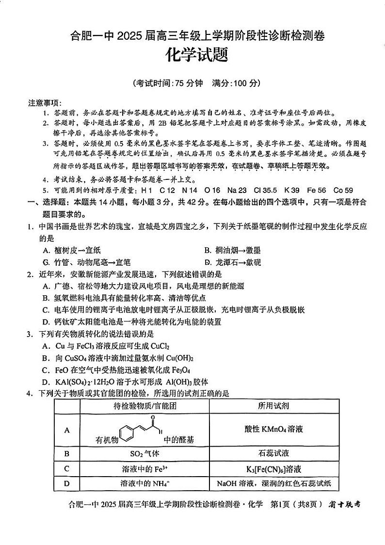 安徽省十联考合肥市第一中学等校2025届高三上学期阶段性诊断检测化学第1页