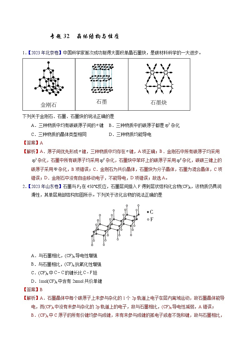 十年高考化学真题（2014-2023）分项汇编专题32晶体结构与性质（Word版附解析）第1页