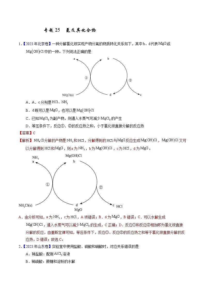 十年高考化学真题（2014-2023）分项汇编专题25氮及其化合物（Word版附解析）第1页