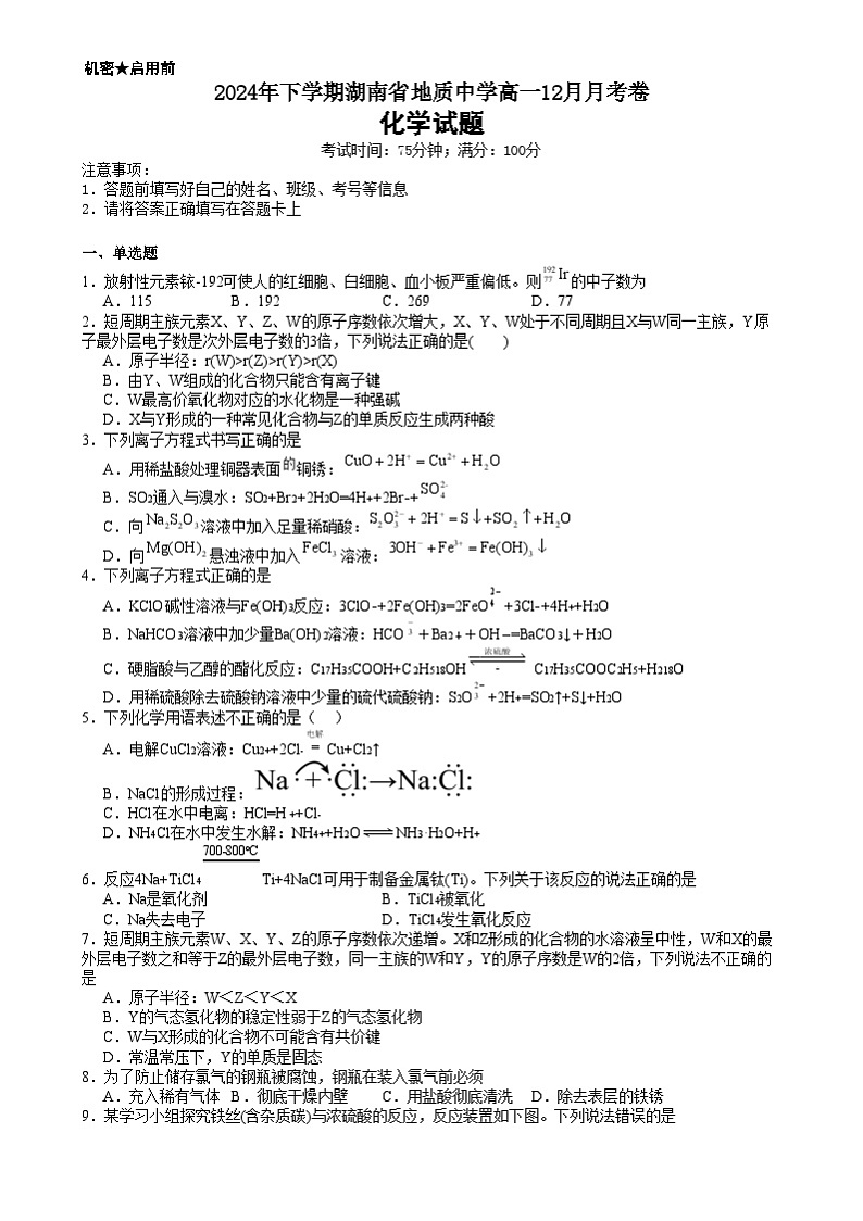 湖南省地质中学2024-2025学年高一上学期12月月考化学试题第1页