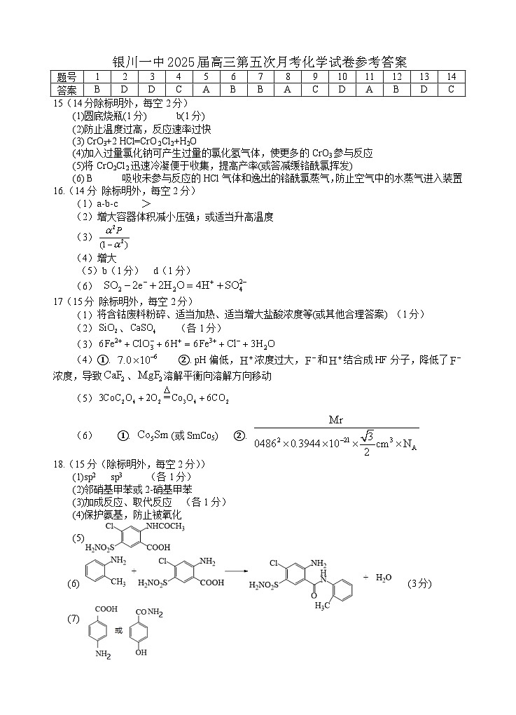 2025届高三第五次月考化学试卷答案第1页