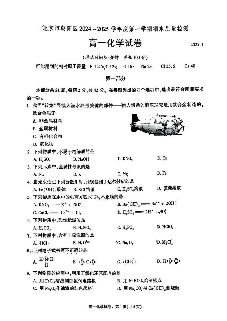 北京市朝阳区2024-2025学年高一上学期期末质量检测化学试题第1页