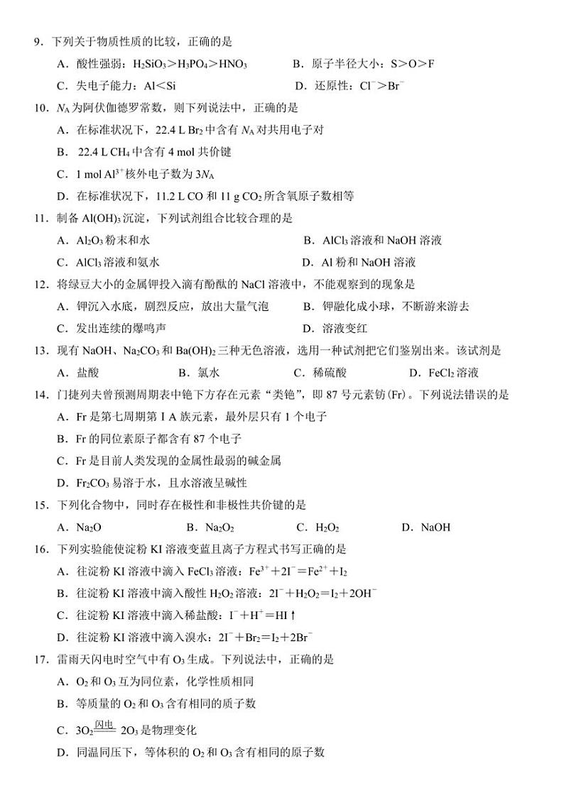 2024～2025学年海南省高一上期末模拟化学试卷(含答案)第2页