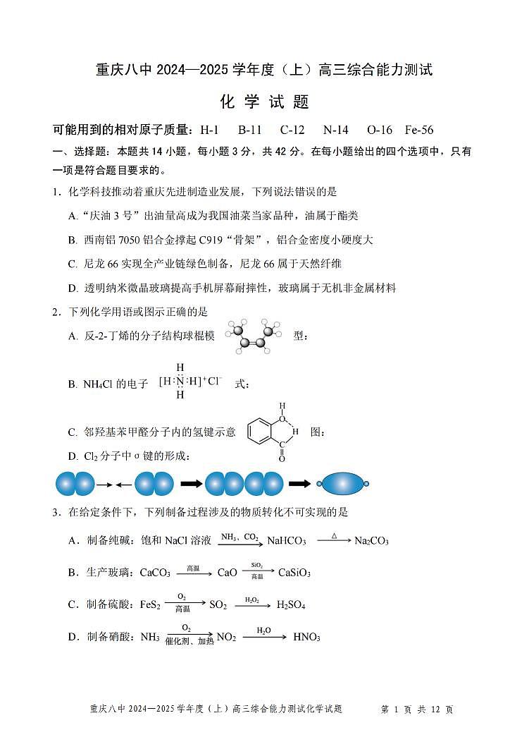 重庆八中2025届高三上学期1月期末考试化学试题第1页