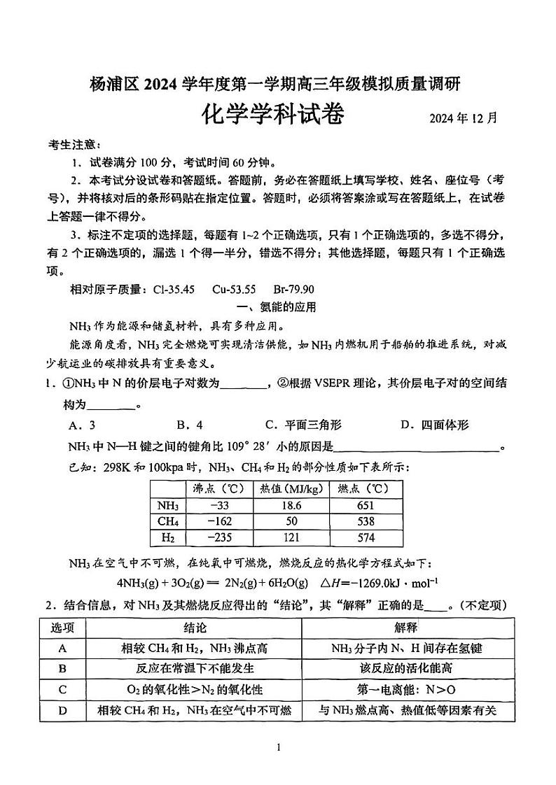2025届上海市杨浦区高三一模化学试卷第1页