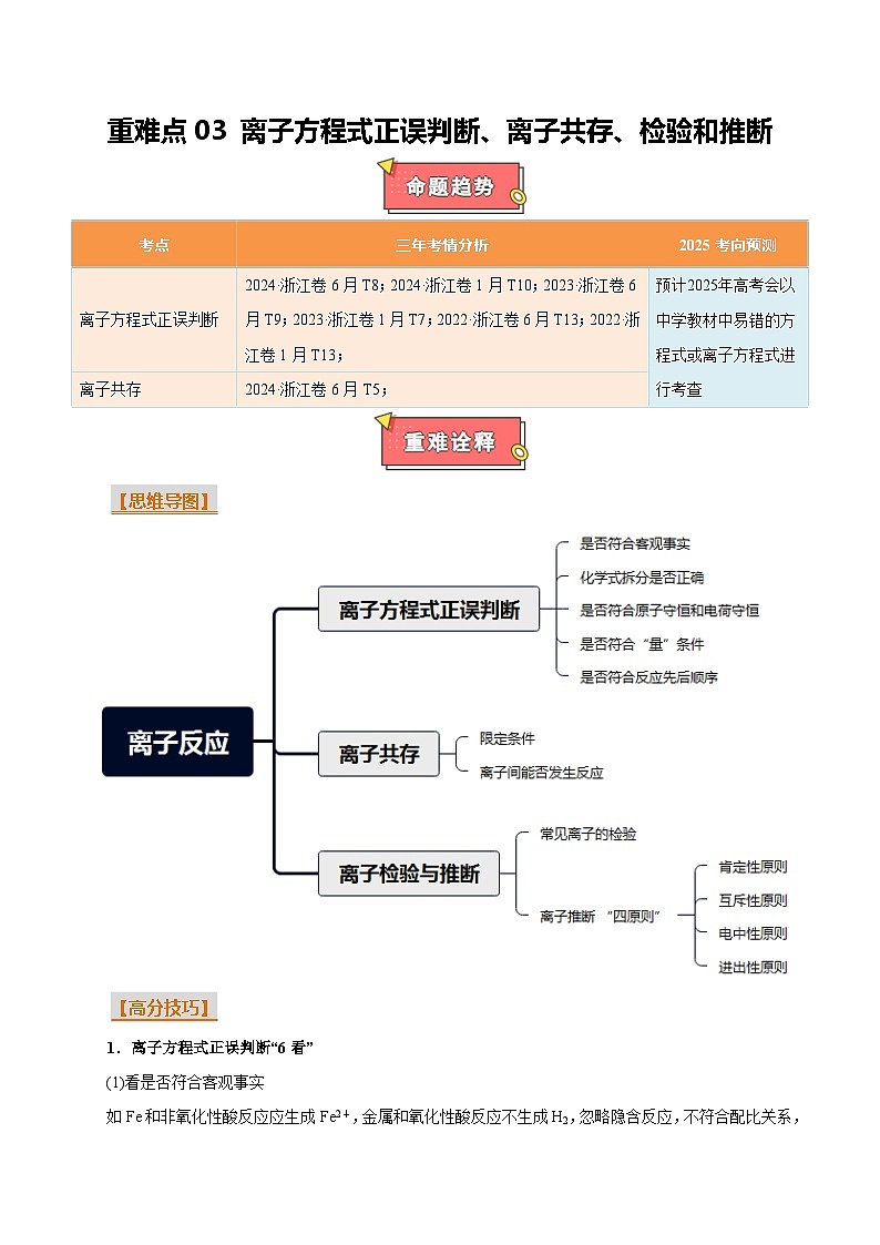 重难点03 离子方程式正误判断、离子共存、检验和推断-2025年高考化学 热点 重点 难点 专练（浙江专用）（解析版）第1页