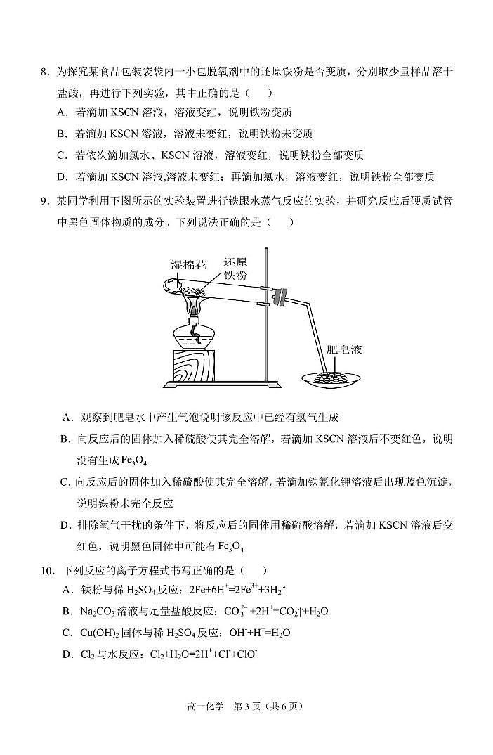 安徽省庐巢联盟2024-2025学年高一上学期第二次月考化学试卷（PDF版附答案）第3页