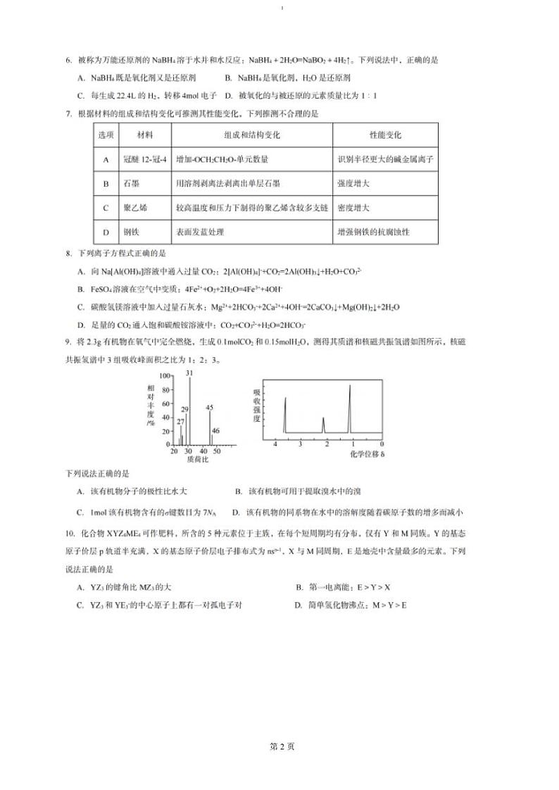浙江省杭州学军中学紫金港校区2025届高三上学期12月首考仿真模拟卷 化学 PDF版第2页