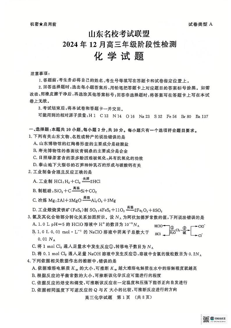 山东省济南市名校考试联盟2024-2025学年高三上学期12月月考 化学试题第1页