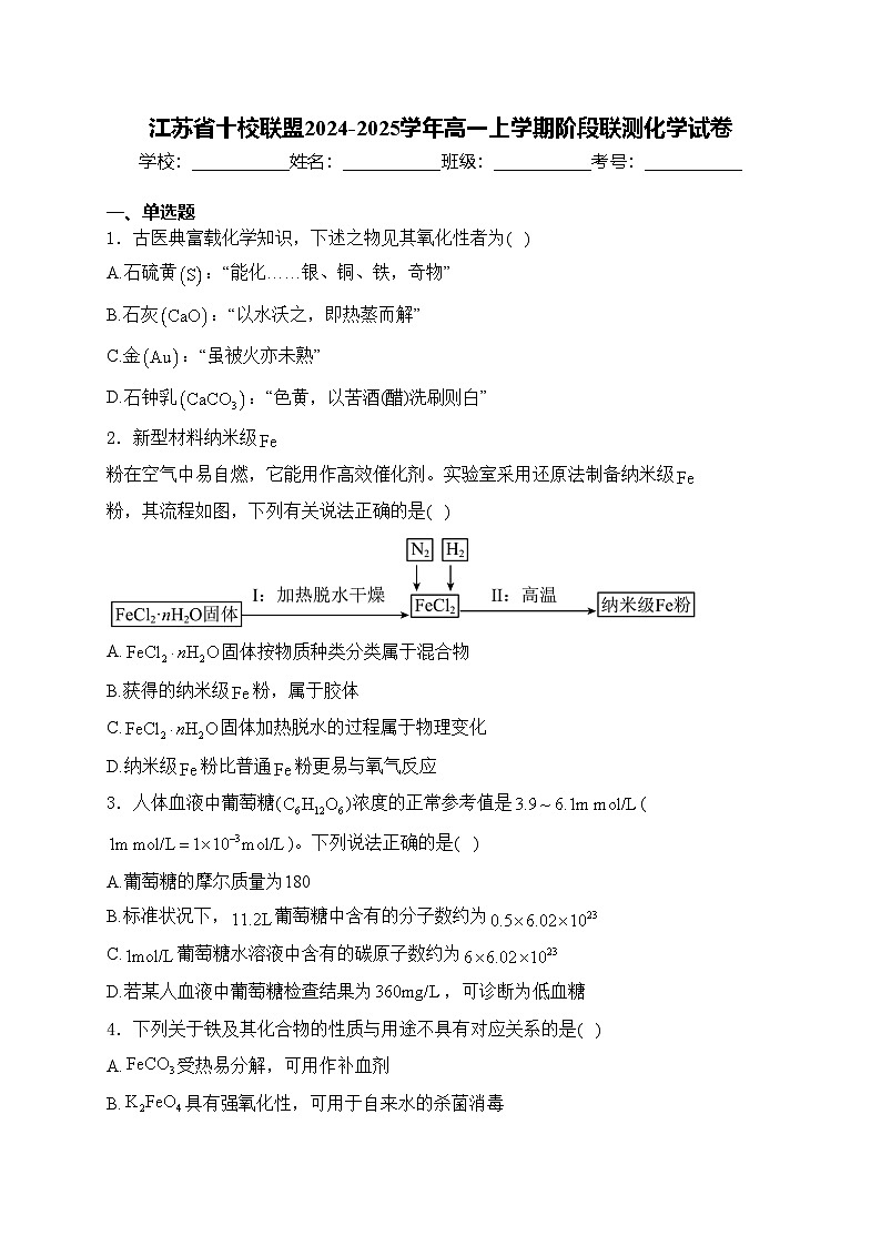 江苏省十校联盟2024-2025学年高一上学期阶段联测化学试卷(含答案)第1页