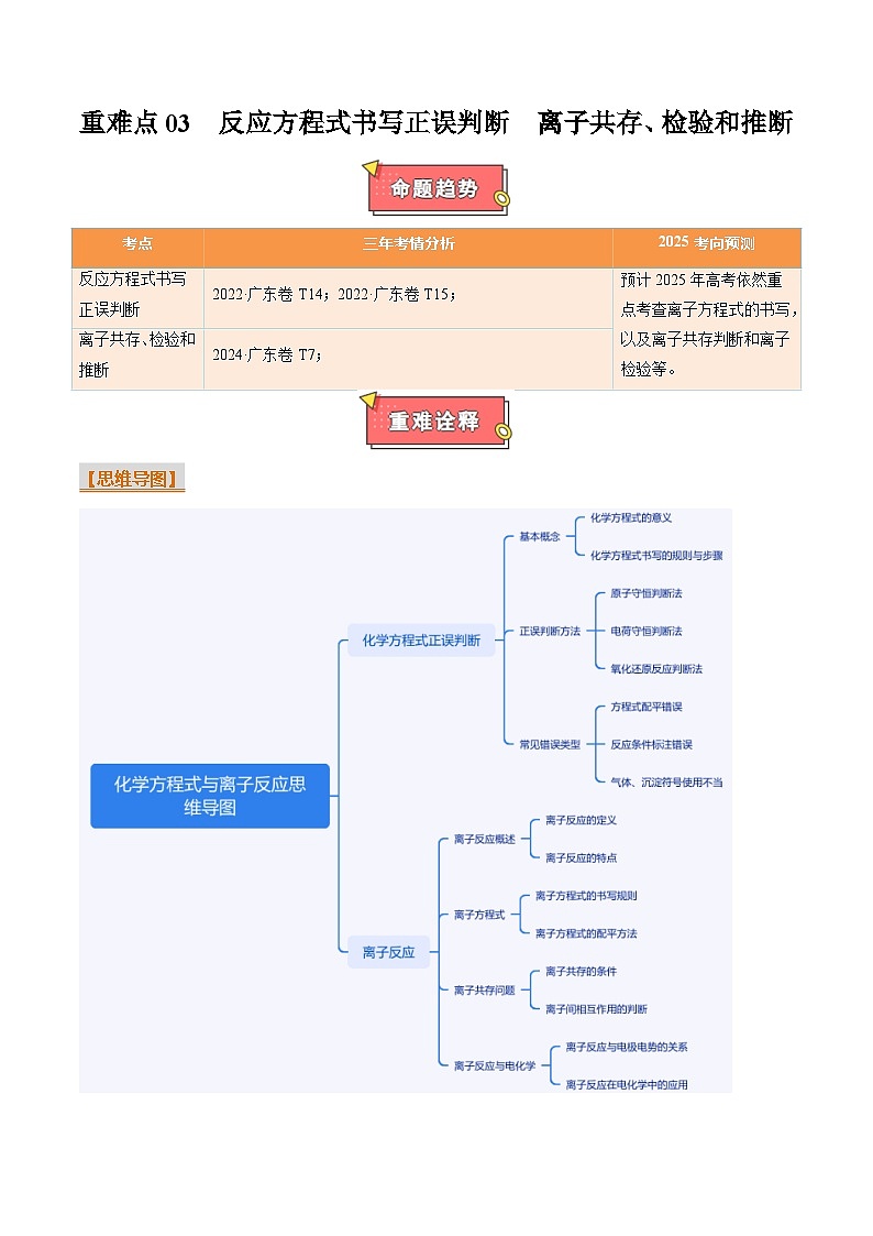 重难点03 反应方程式书写正误判断 离子共存、检验和推断-2025年高考化学 热点 重点 难点 专练（广东专用）（原卷版）第1页