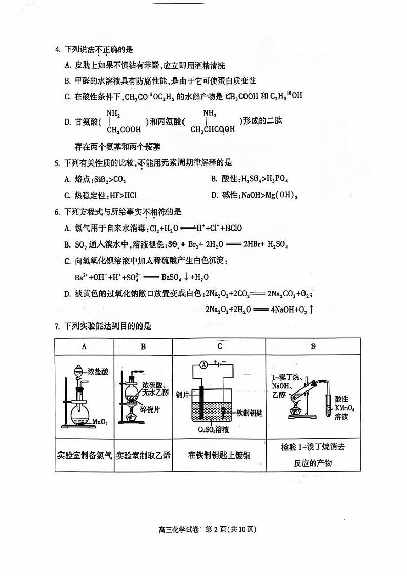 北京市顺义区2024-2025学年高三上学期期末考试 化学试题第2页
