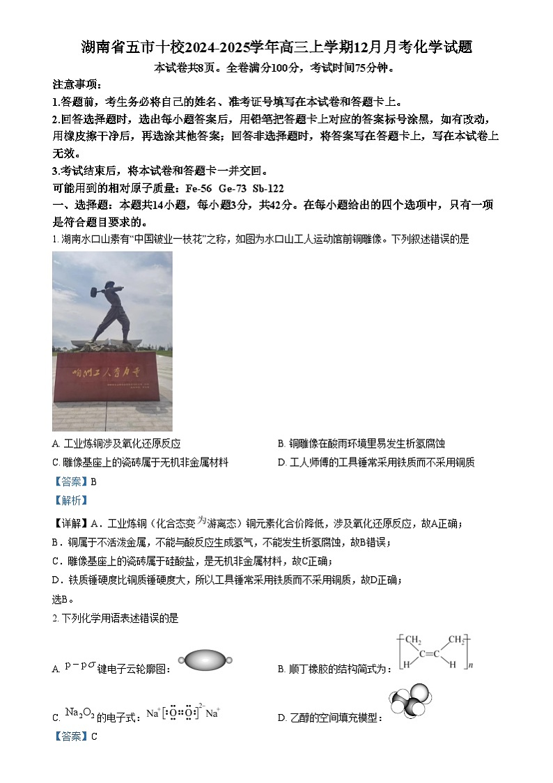 湖南省五市十校2024-2025学年高三上学期12月月考化学试题  Word版含解析第1页