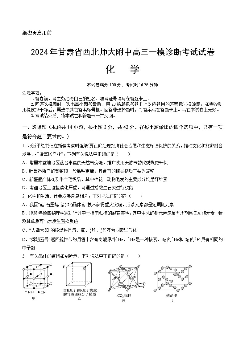 2025甘肃省西北师大附中高三上学期一模诊断考试化学含答案第1页
