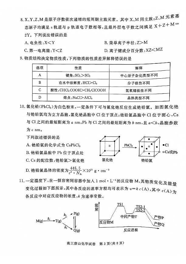 河北省唐山市2024-2025学年高三上学期1月期末考试化学试题第3页